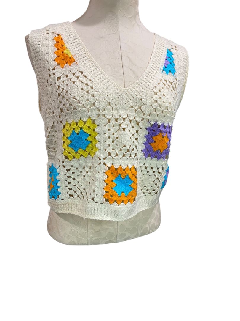 Large Rebellion Again Womens Crochet Granny Square Sweater Vest