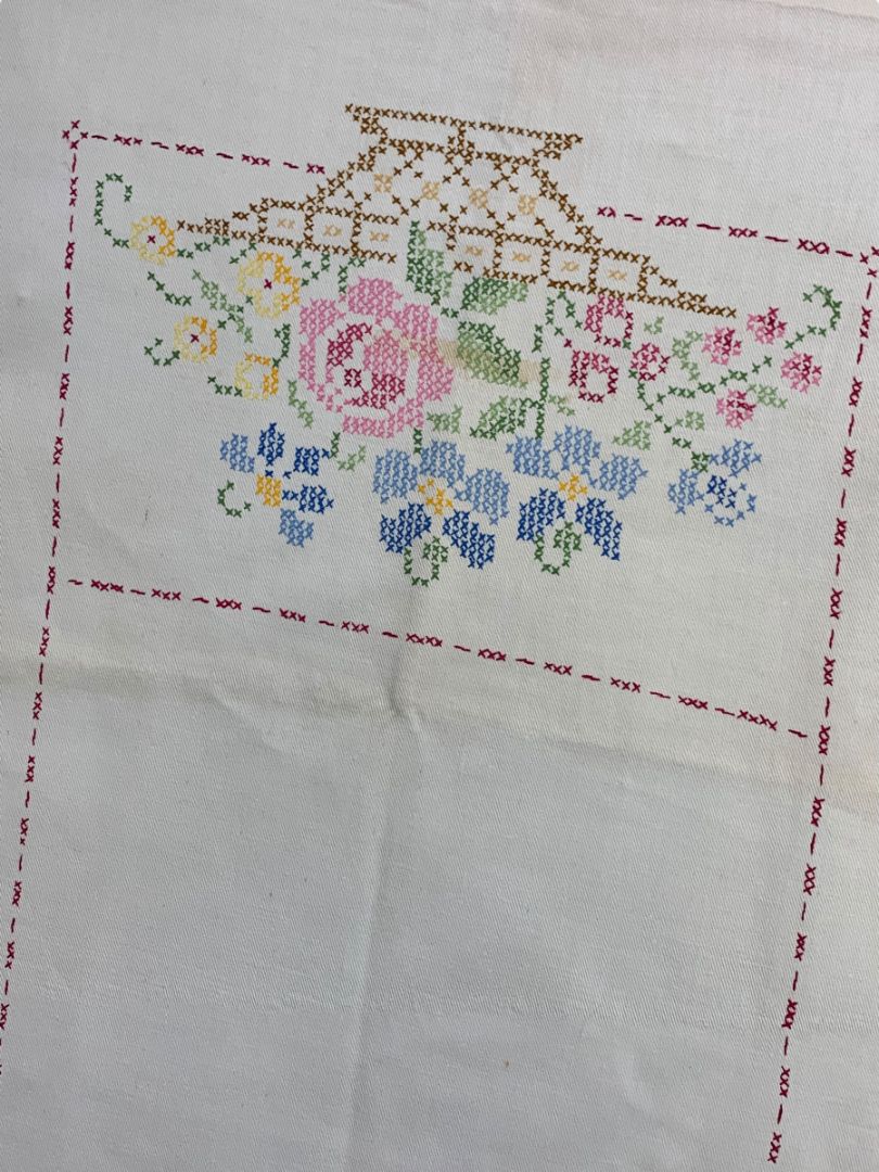 Vintage Cross Stitch Table Runner Floral Staining 17" x 42"