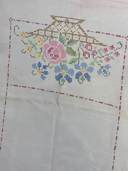 Vintage Cross Stitch Table Runner Floral Staining 17" x 42"