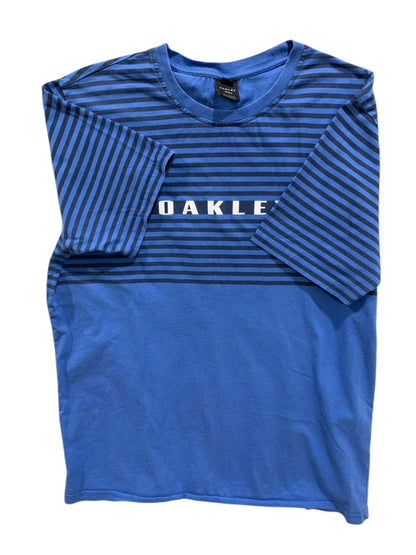 Large Oakley Tshirt Mens Blue Stripes Logo Custom Fit Short Sleeve