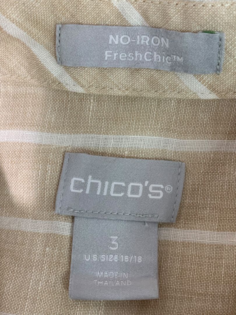 Size XL Chicos Womens Linen Tunic Button Up Blouse Shirt Tan White Stripe