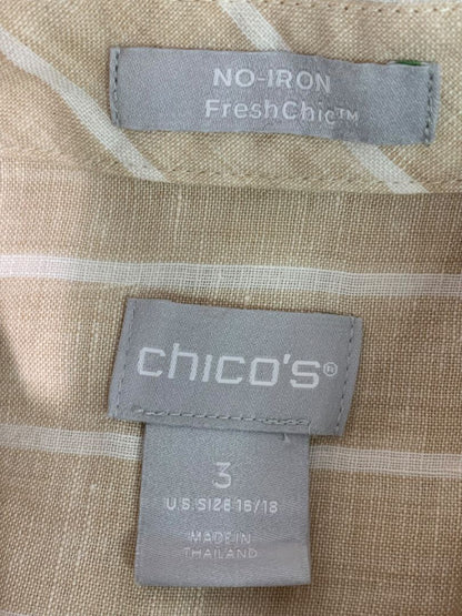Size XL Chicos Womens Linen Tunic Button Up Blouse Shirt Tan White Stripe