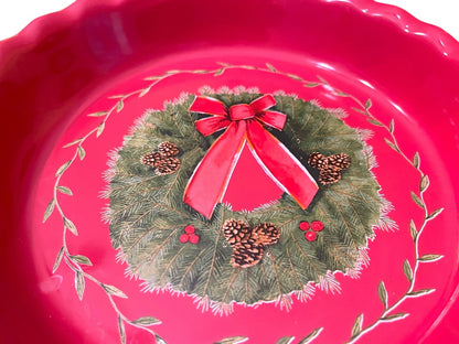 10" Nantucket Home Wreath Pie Plate Red Baking Dish Christmas