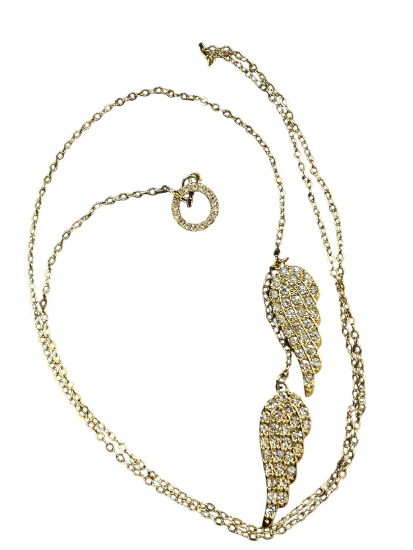 Goldtone Necklace Overhead Adjustable Feathers Rhinestones 26"