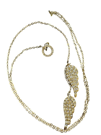 Goldtone Necklace Overhead Adjustable Feathers Rhinestones 26"