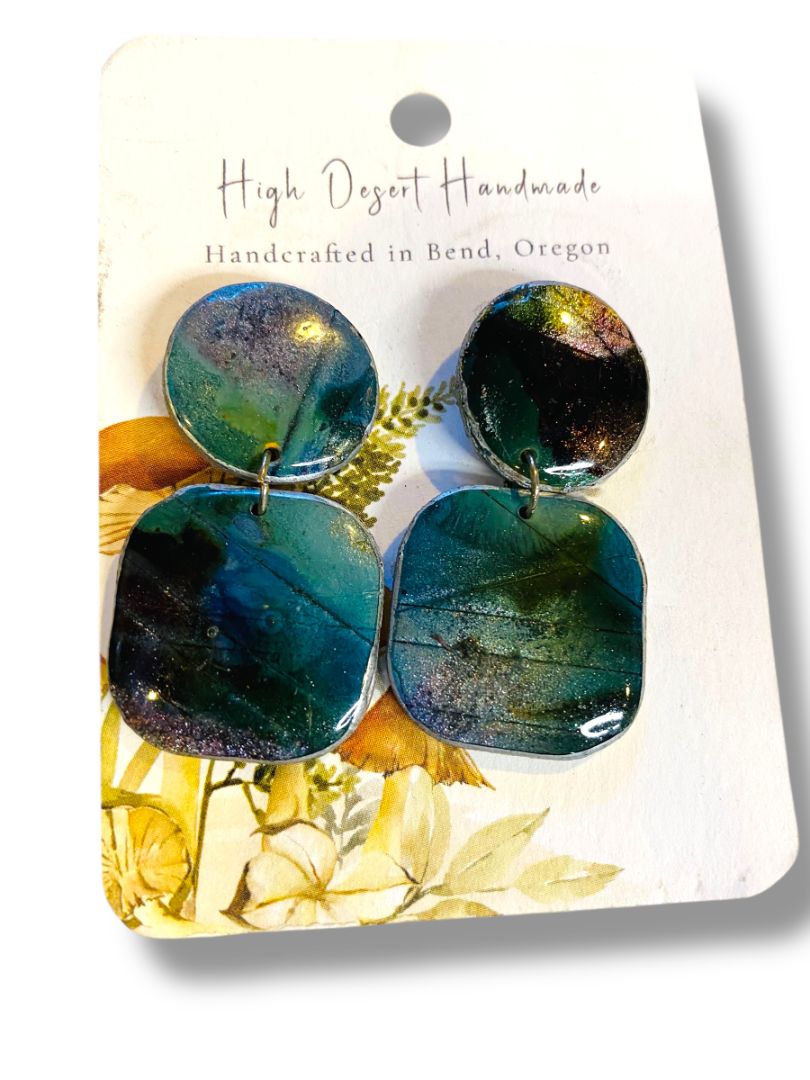 Handmade Resin Earrings High Desert Green Blue Post Pierced 1.75" Drop New