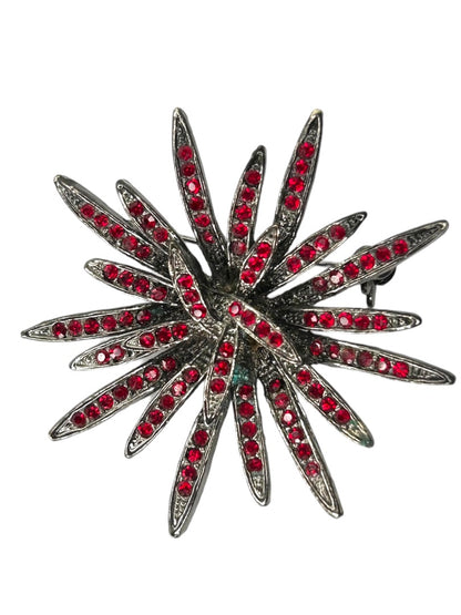 Vintage Red Crystal Silvertone Dramatic Flower Brooch Pin 2" Diameter