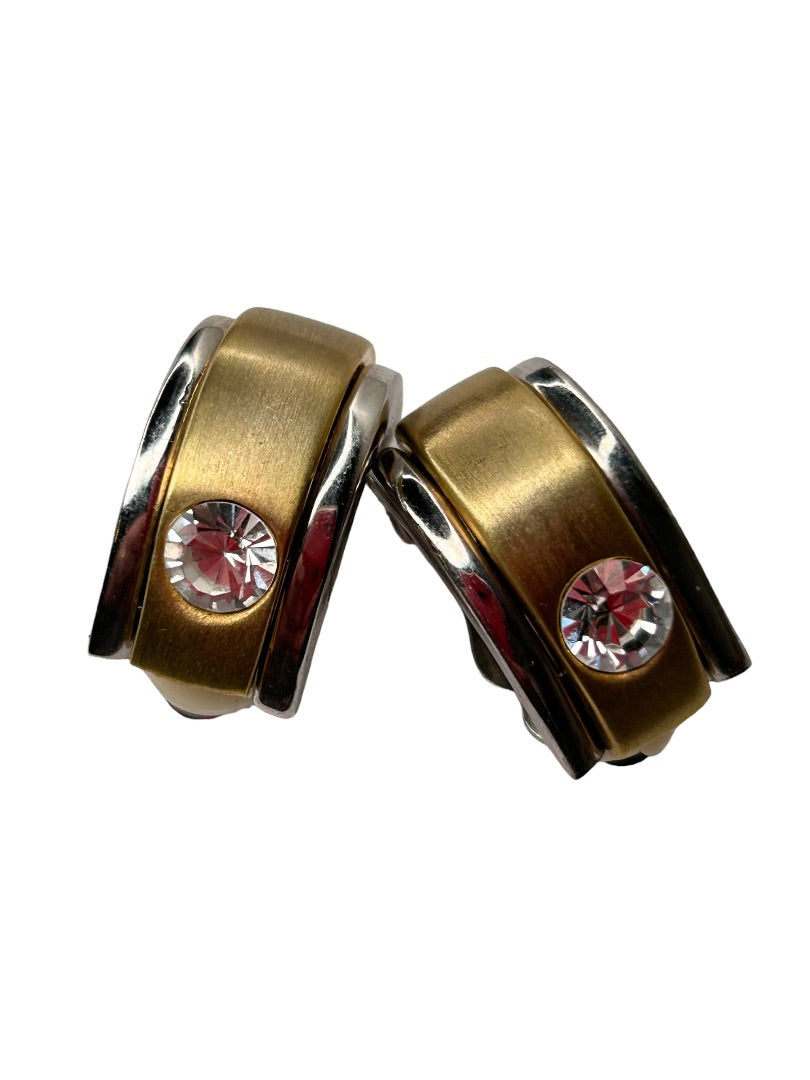 Goldtone and Silverton Non-Pierced Clip On Earring Oval Rhinestone .5"