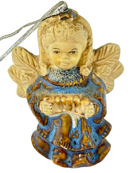 Stoneware Angel Ornament Holiday Christmas Blue Dress Accordian 2.5"h