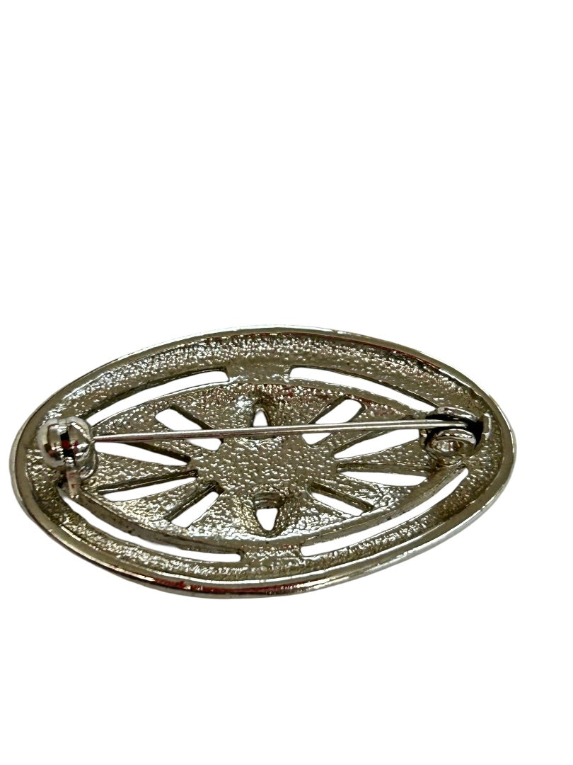 Vintage Silvertone Oval Brooch 1.75" Textured Black Jewel