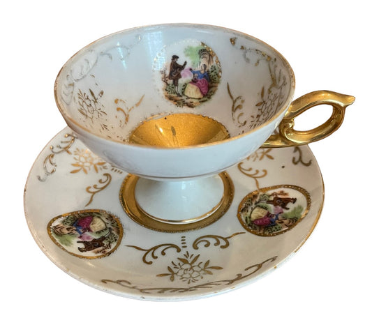 Porcelain with Gold Trim Footed Demitasse Cup and Saucer Set Maruei Courting Couple