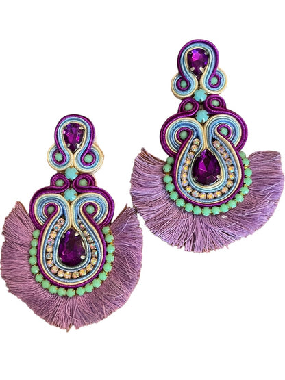 Soutache Post Earrings Purple Teardrops Fringe 4" Drop Dangle Post Pierced