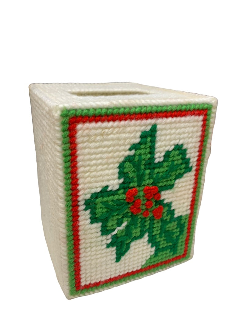 Vintage Cross Stitch Holly Berry Christmas Tissue Box Cover 5.5. x 4.5 x 4.5