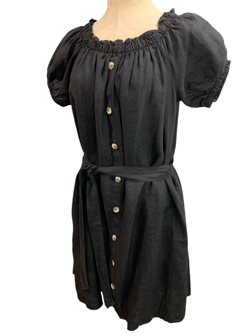 XL Saks 5th Avenue New Black Linen Off Shoulder Button Up Dress