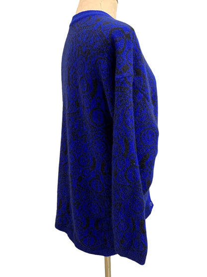 Large Benetton Womens Vintage 1980s Cardigan Sweater Royal Blue Pattern