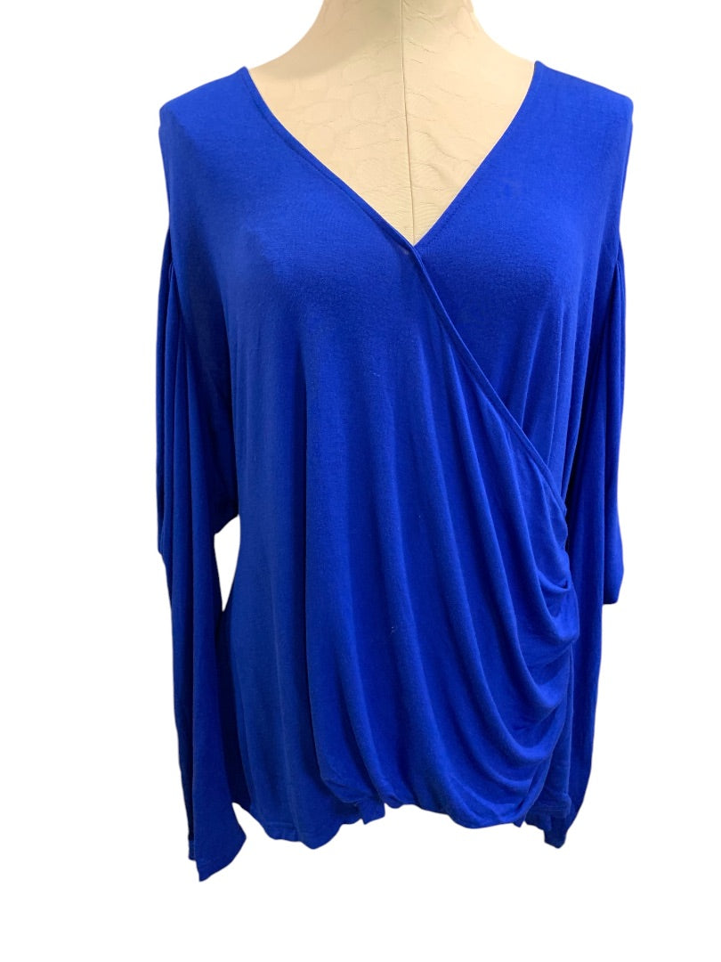 3X Venus Womens Cold Shoulder Faux Wrap Royal Blue Shirt Soft Knit