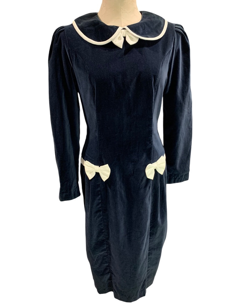 Medium Vintage 1960s Velvet Dress Navy Blue Ivory Box Trim