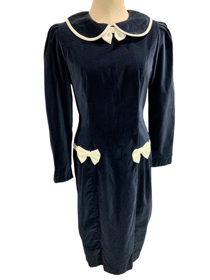 Medium Vintage 1960s Velvet Dress Navy Blue Ivory Box Trim