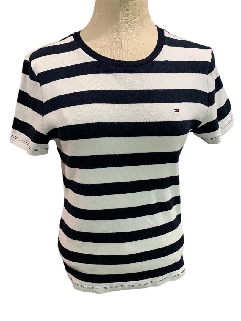 Large Tommy Hilfiger Womens Fitted Navy Blue White Striiped Tshirt