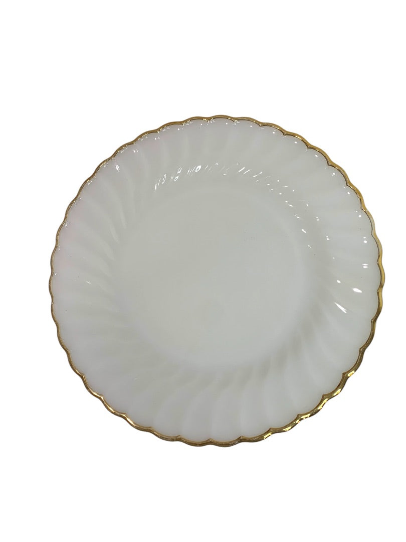 Vintage Anchor Hocking White Swirl Dinner Plate Gold Trim 10 Inch