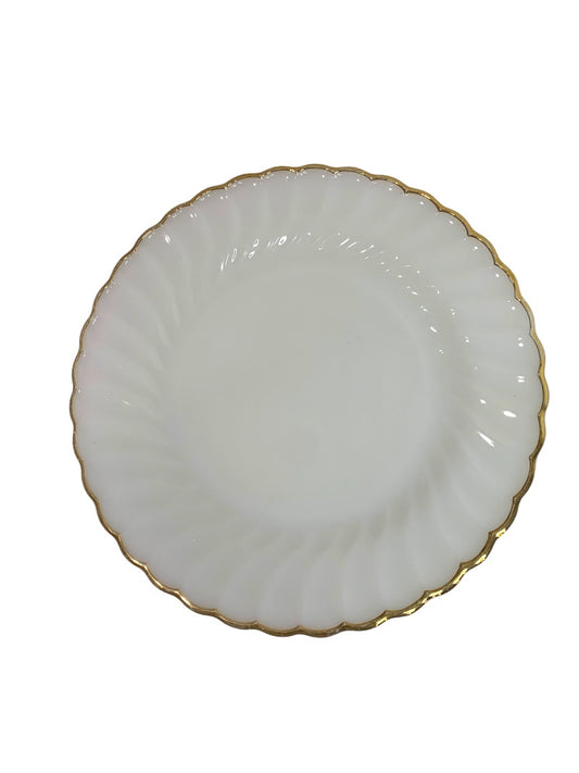 Vintage Anchor Hocking White Swirl Dinner Plate Gold Trim 10 Inch