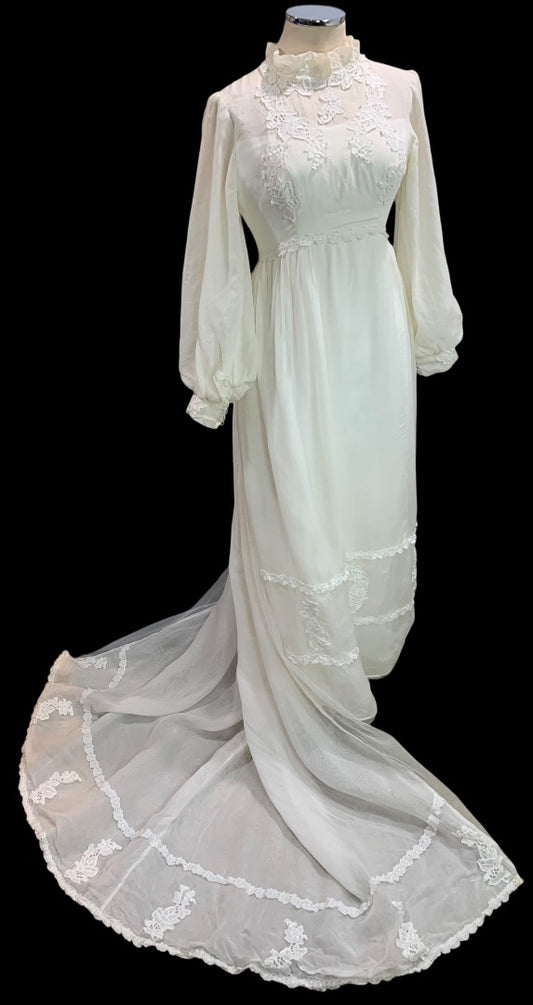 Vintage 1970s Wedding Dress Bishop Sleeve Ivory Detachable Train Defects