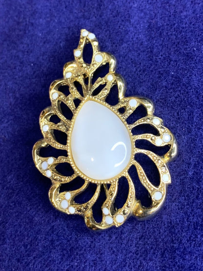 Goldtone Filigree Vintage Brooch White Stone 2.6 Inch