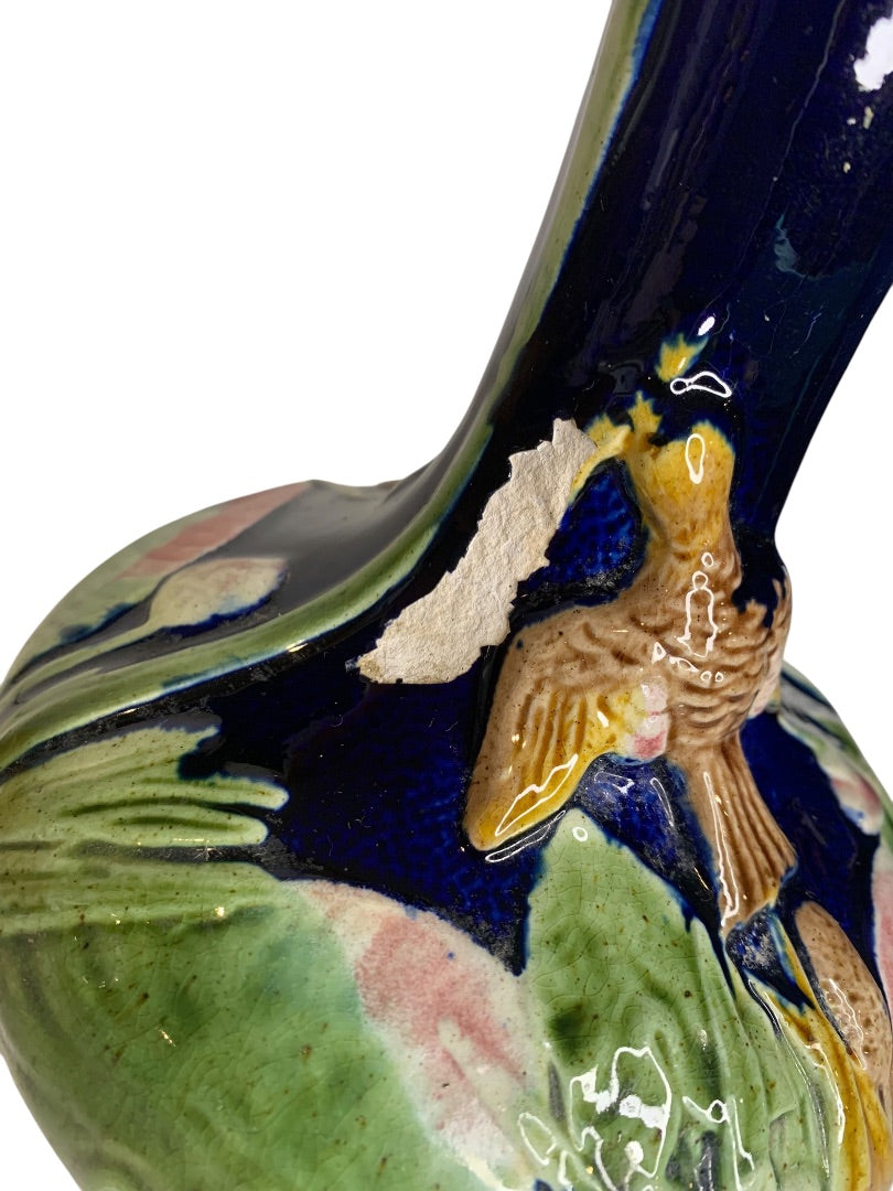 Antique Majolica Hummingbird Vase 8.5 Inch Cobalt Chips