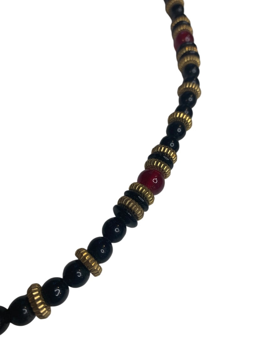 Vintage 23 Inch Beaded Necklace Red Black Goldtone Spacer Barrel Clasp