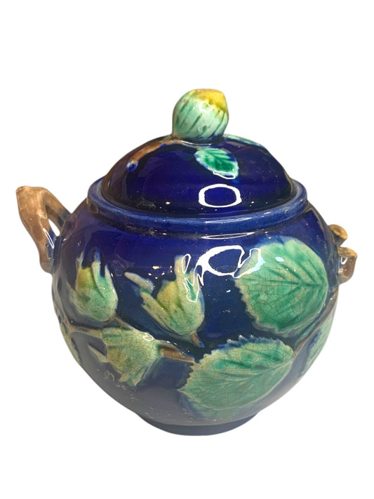 Foster Filbert Majolica Antique Sugar Bowl Lidded Damaged Cobalt Blue