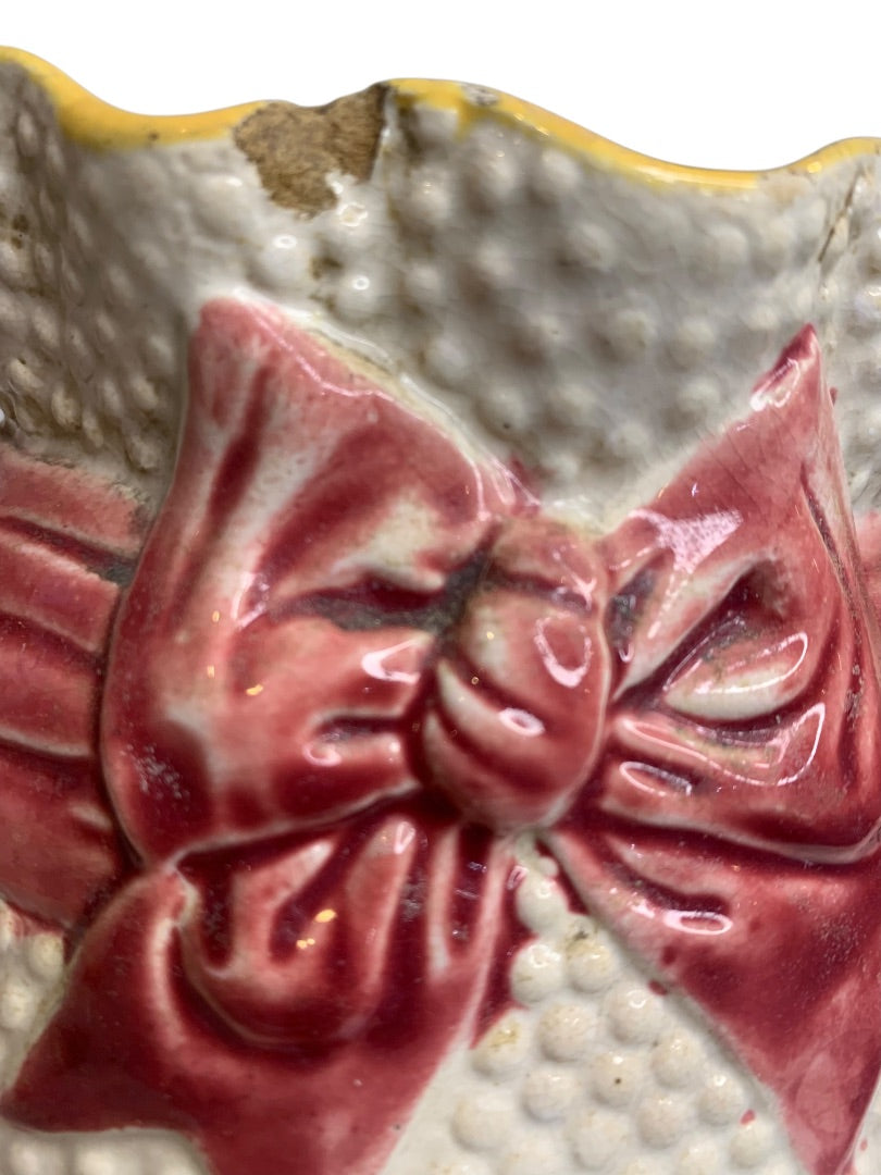 Majolica Pitcher Ribbon Pattern Antique 7.5 Inch Wildflower Ribbon