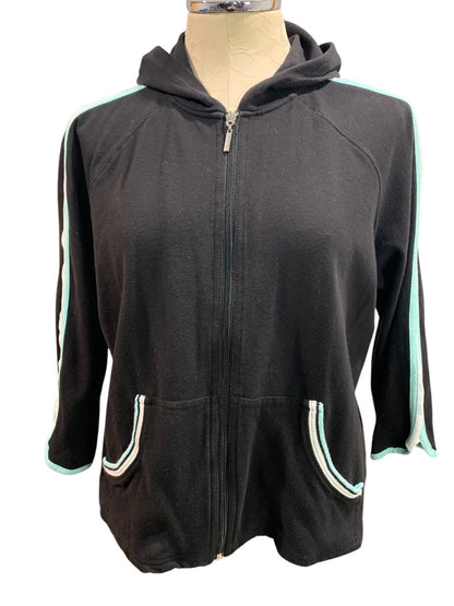 XL Gloria Vanderbilt Sport Womens Black Hoodie Shirt Full Zip Retro Trim