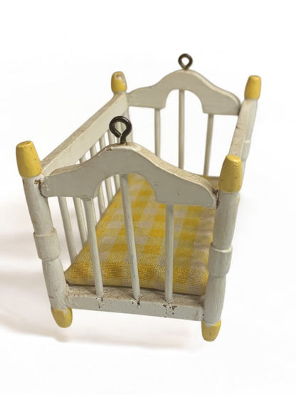 Vintage Wooden Miniature Baby Crib White Yellow 1:12