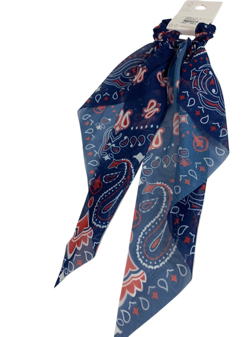 Claires New Hair Elastics Sheer Fabric Cover Train Tail Paisley Navy Blue