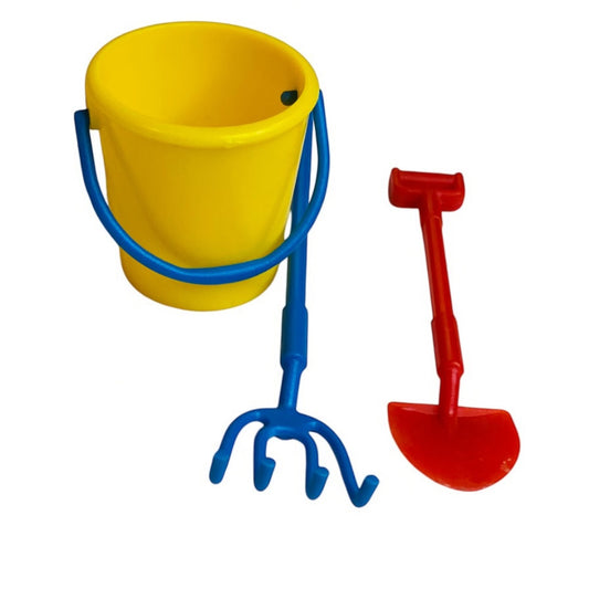 Miniature Dollhouse 3 Piece Plastic Gardening Set Bucket Rake Shovel 1:12 Scale