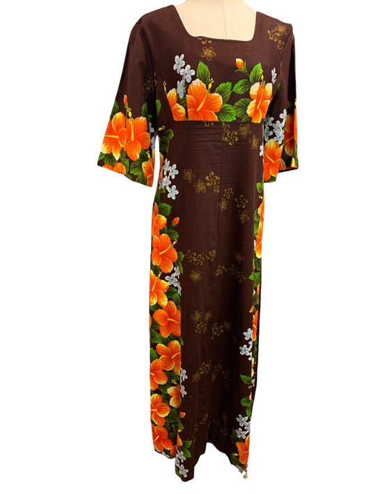 1950s Ui-Maikai Womens Hawaiian Tiki Dress Hibiscus Brown
