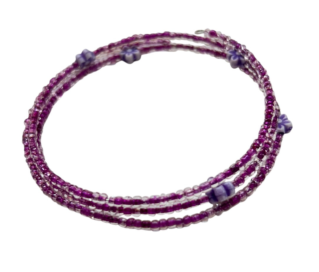 Delicate Beaded Wire Bracelet Adjustable Purple Flowers