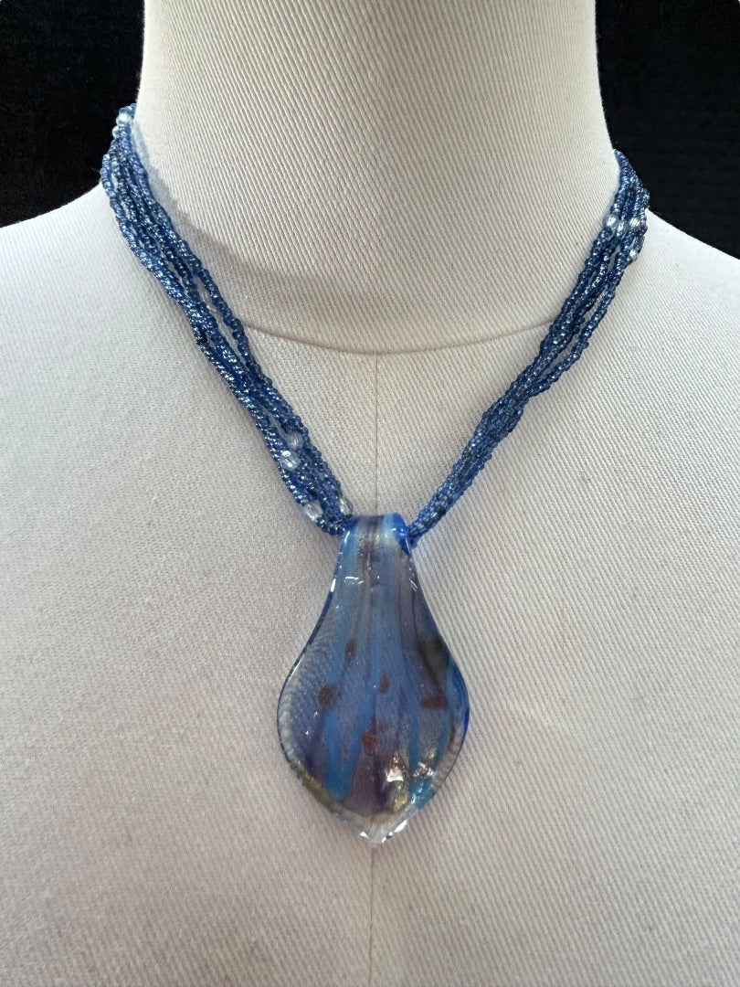 Multistrand Blue Necklace Glass Pendant 17-19 Inch Spring Clasp