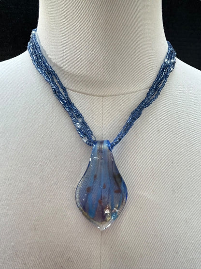 Multistrand Blue Necklace Glass Pendant 17-19 Inch Spring Clasp