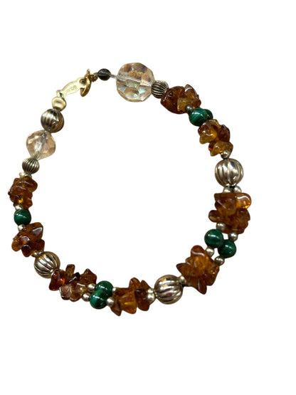 Dual Strand Beaded Braclelet 14K Gold Filled Amber Green 6.75" Spring Clasp