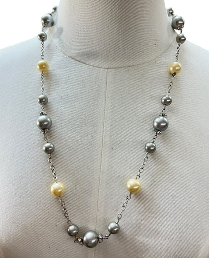 Silvertone Faux Pearl Necklace 18 Inch Lobster Clasp Gray Ivory