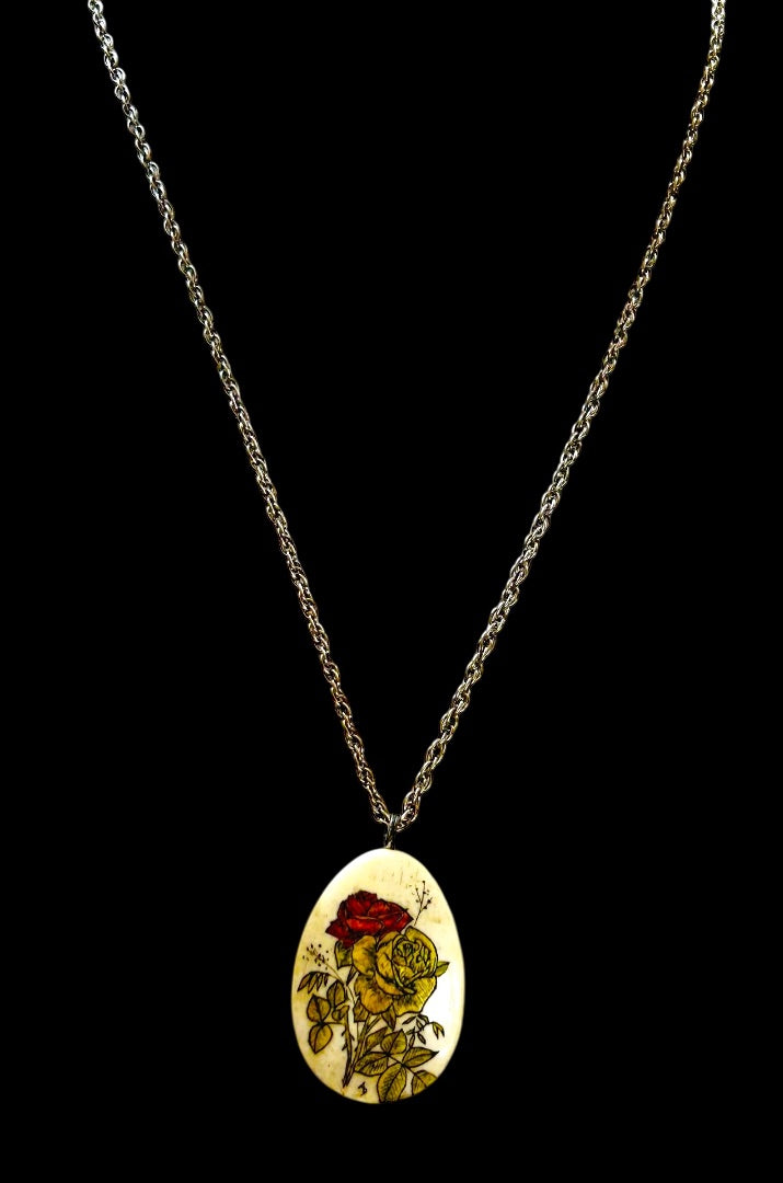 Vintage Silvertone Pendant Necklace Rose Yellow Red 23 Inch Spring Clasp