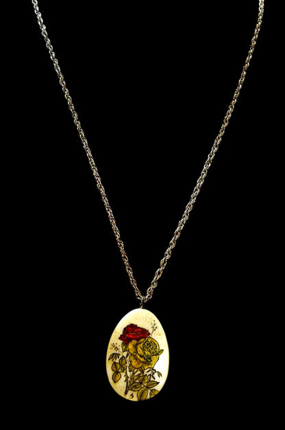 Vintage Silvertone Pendant Necklace Rose Yellow Red 23 Inch Spring Clasp