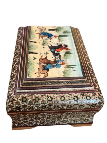 Vintage Khatam Persian Wooden Turkish Trinket Box Hinged Hand Painted
