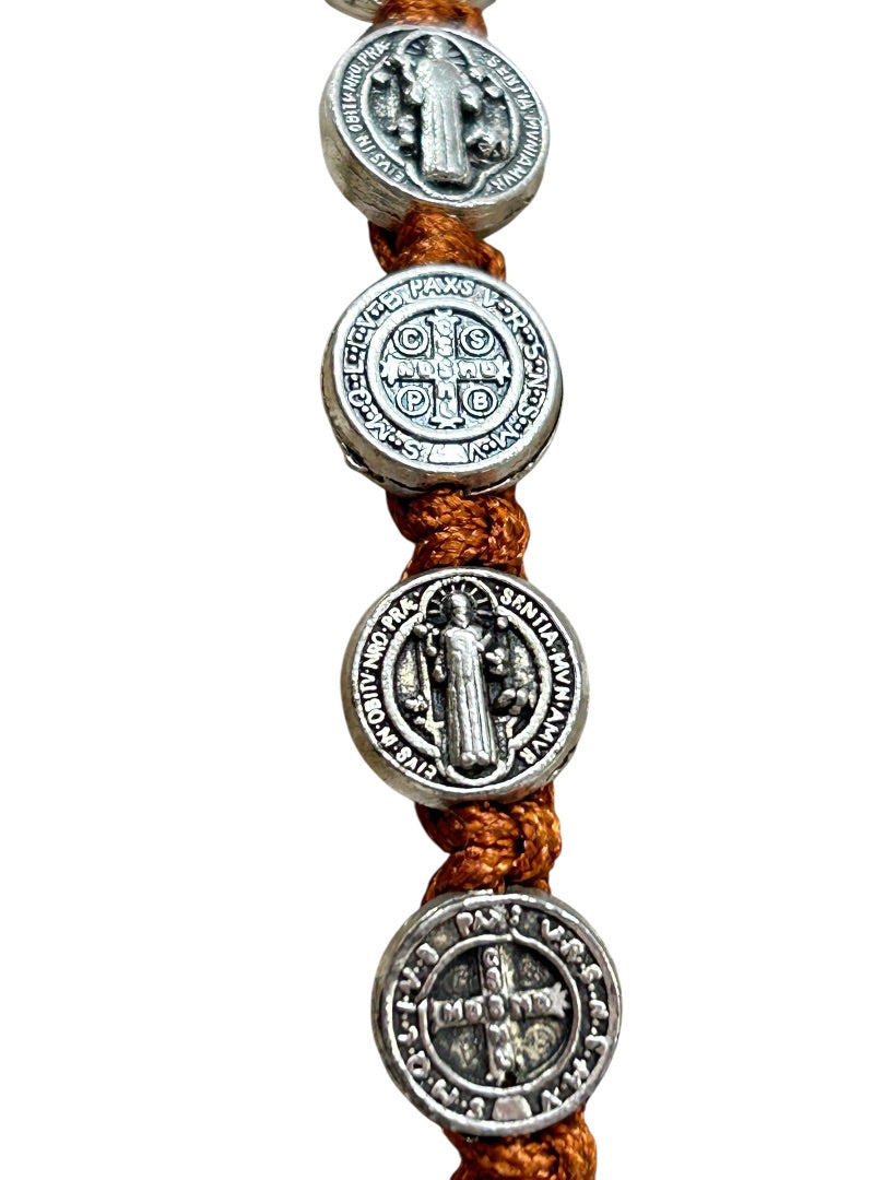 Brown St Saint Benedict Medal Silvertone 8" Adjustable Cord Bracelet