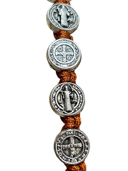 Brown St Saint Benedict Medal Silvertone 8" Adjustable Cord Bracelet