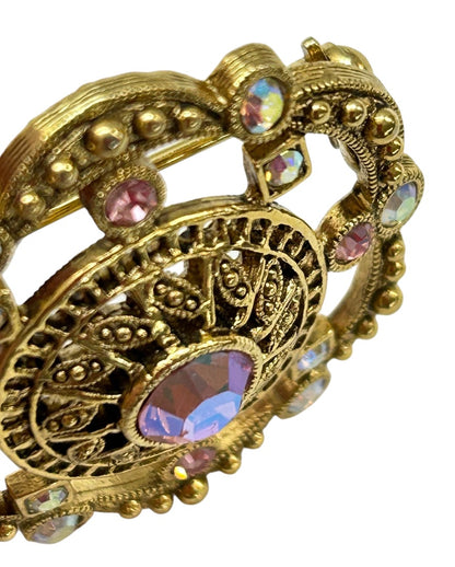 Vintage Brooch Goldtone Filigree Aurora Borealis Crystal 1.25 Inch