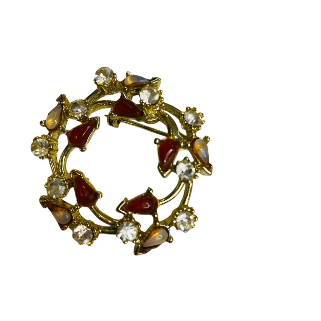 Vintage Goldtone Wreath Brooch Pin Orange Clear 1.5 Inch