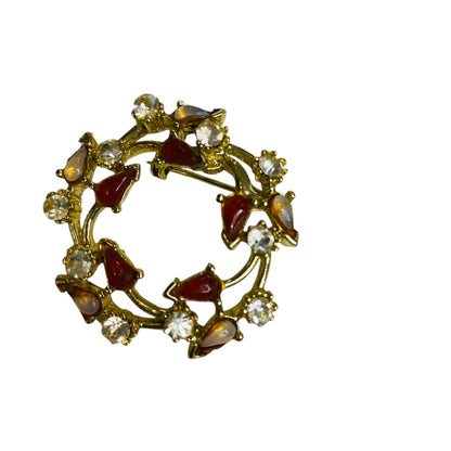 Vintage Goldtone Wreath Brooch Pin Orange Clear 1.5 Inch