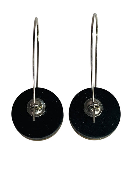 Yellow Black Wire Hook Pierced Earring Circle 1.5 Inch Drop Lightweight